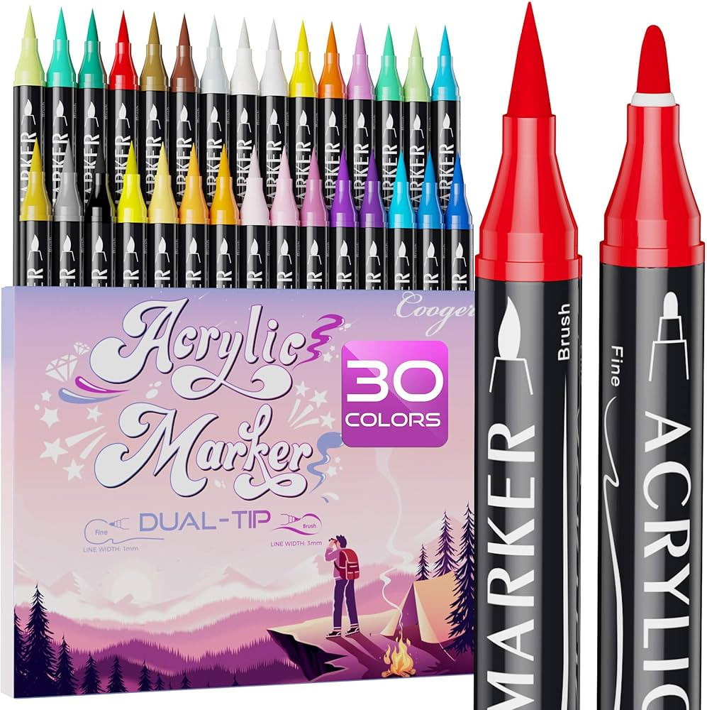 30 Colors Dual Tip Acrylic Paint Markers,Fine Tip and Brush Tip Permanent Acrylic Paint Pens For ... | Amazon (US)