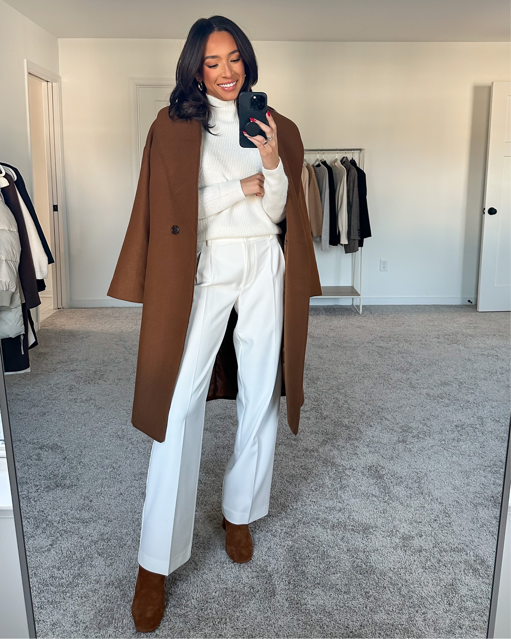 Winter work outfit with booties!
Size XS sweater - fits TTS
Size S brown coat - fits relaxed 
Size 2 white trousers - fit relaxed

#LTKstyletip #LTKworkwear #LTKSeasonal