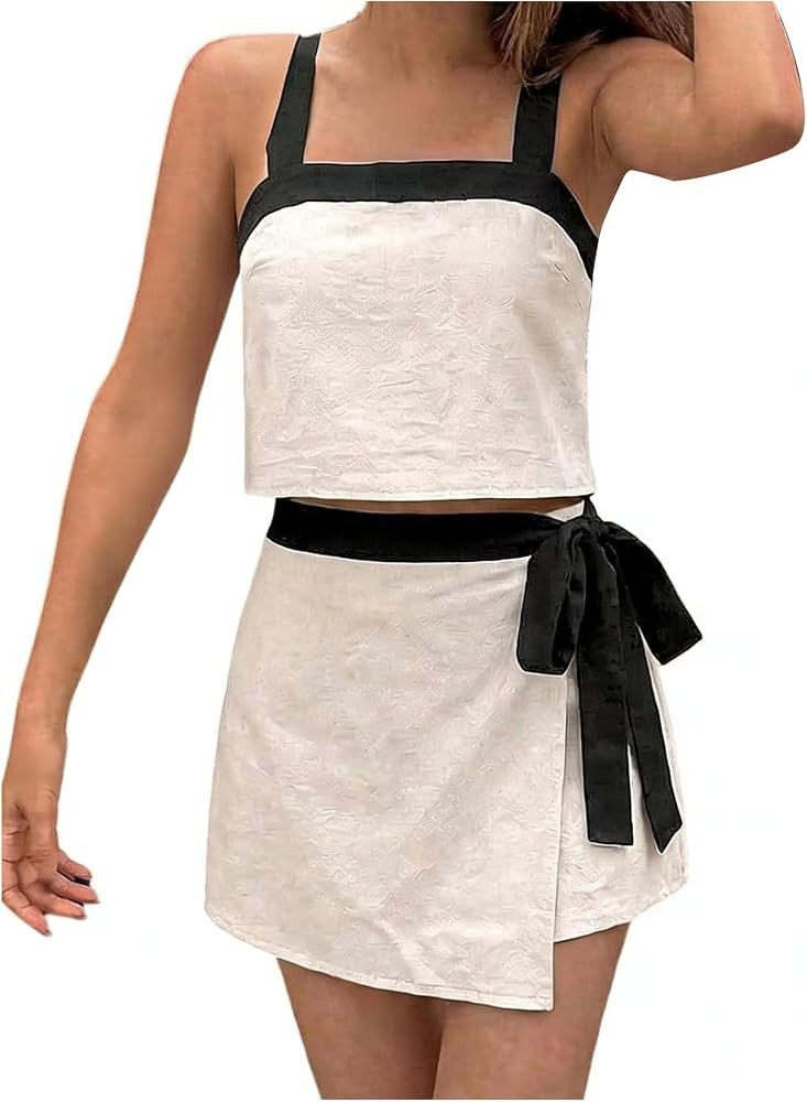 OYOANGLE Women's 2 Piece Set Color Block Crop Tank Top and Bow Wrap Skort Summer Vacation Beach O... | Amazon (US)