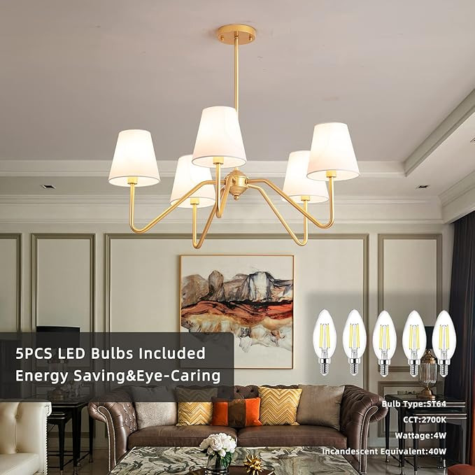 30.5" 5 Arms Gold Chandelier, 5 Lights Kitchen Island Lighting with White Fabric Shade,Dining Roo... | Amazon (US)