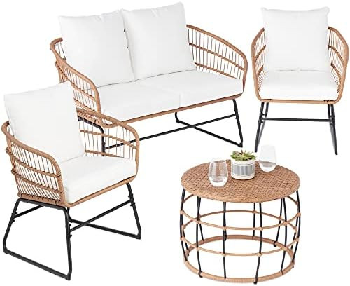 Amazon.com: Best Choice Products 4-Piece Outdoor Rope Wicker Patio Conversation Set, Modern Conte... | Amazon (US)