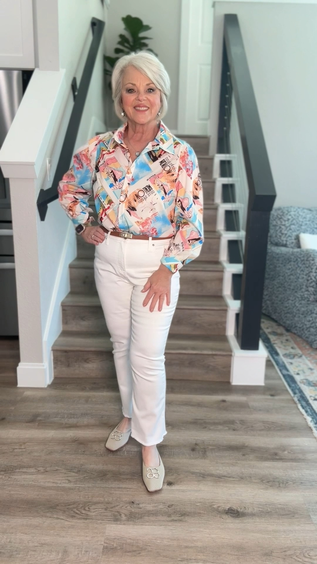 Colorful blouse takes these jeans up a notch!!  Loving the brown belt!!! 

#LTKOver40 #LTKFindsUnder100 #LTKMidsize