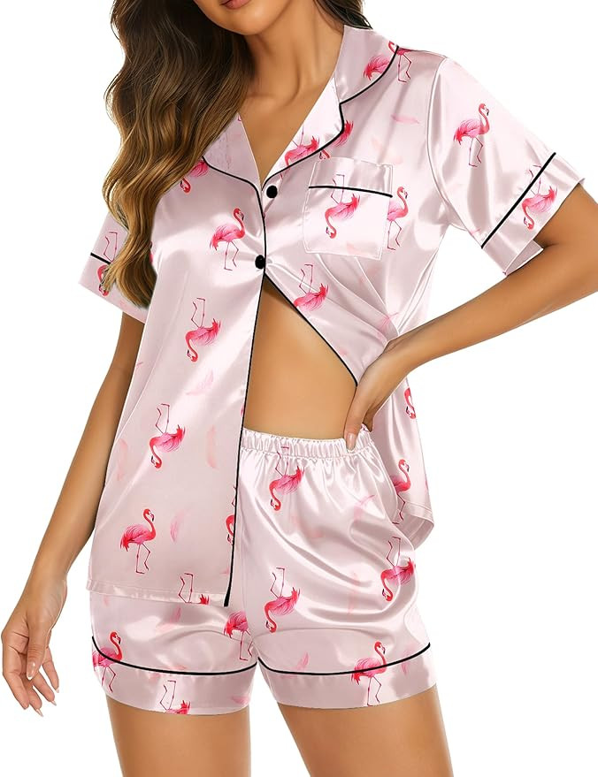 Silk Pajamas for Women Short Sleeve Sleepwear Soft Button Down Loungewear 2 Piece Satin Pjs Short... | Amazon (US)