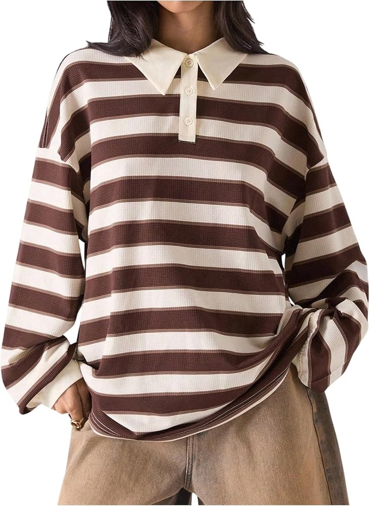 SweatyRocks Women's Striped Oversized Shirt Long Sleeve Collared T Shirts Casual Rugby Shirt | Amazon (US)