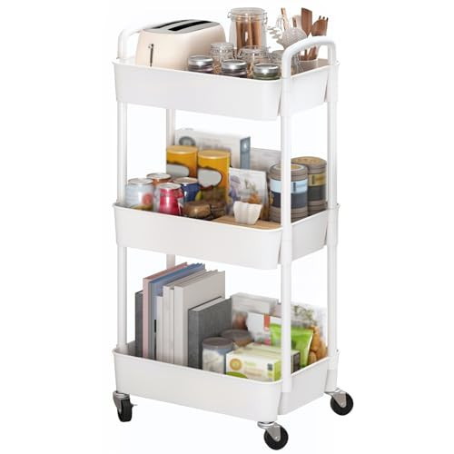 Sywhitta 3-Tier Plastic Rolling Utility Cart with Handle, Multi-Functional Storage Trolley for Office, Living Room, Kitchen, Movable Storage Organizer with Wheels, White | Amazon (US)