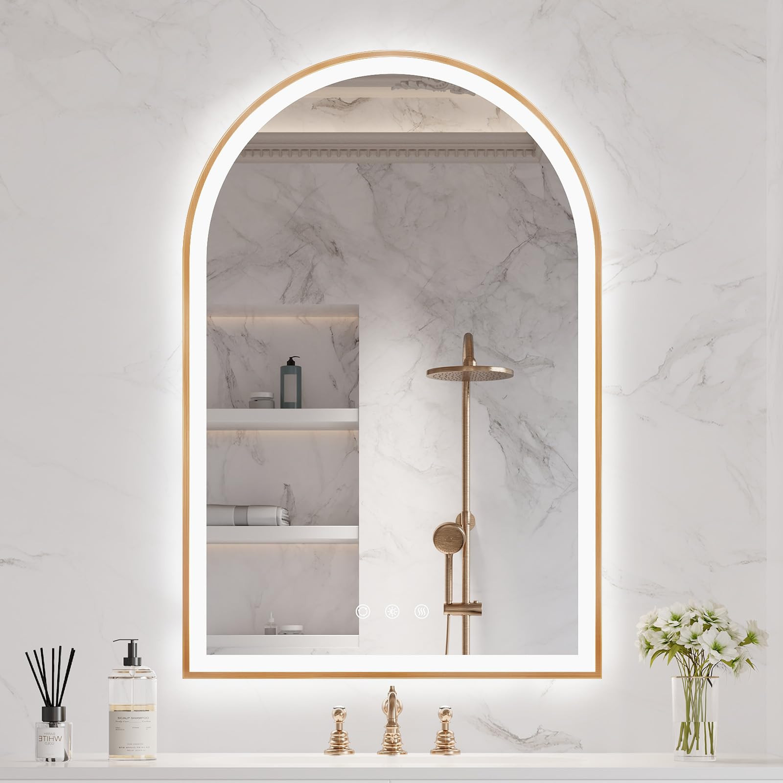 Arched LED Bathroom Mirror 20"x30", Brass Gold Bathroom Mirror with Lights-Anti-Fog, Dimmable-LED... | Amazon (US)