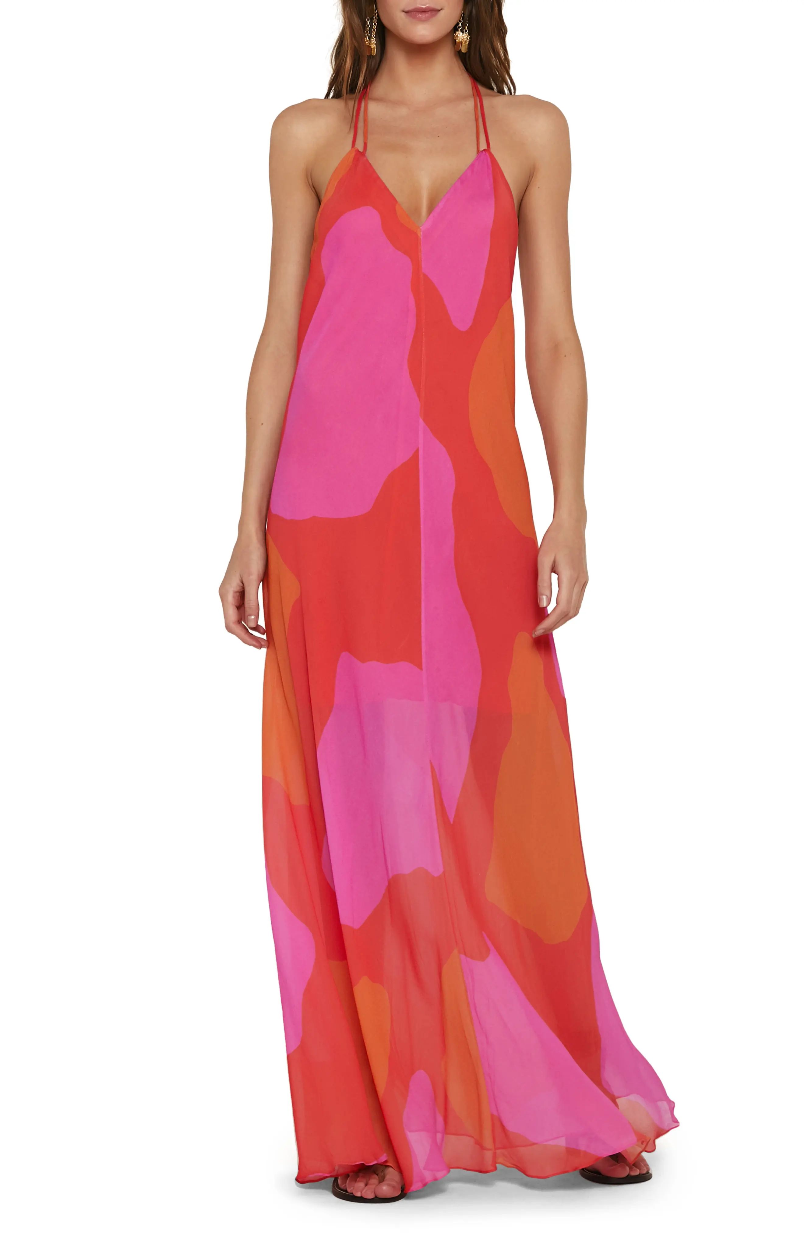 Women's Vix Artsy Scarf Chiffon Cover-Up Maxi Dress, Size Small - Orange | Nordstrom