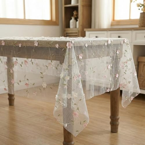 Horaldaily White Gauze Floral Tablecloth 60×84 Inch Rectangular, Light Pink Flower Spring Summer Tulle Table Cover, Garden Party Decor for Wedding, Party, Holiday Dining | Amazon (US)