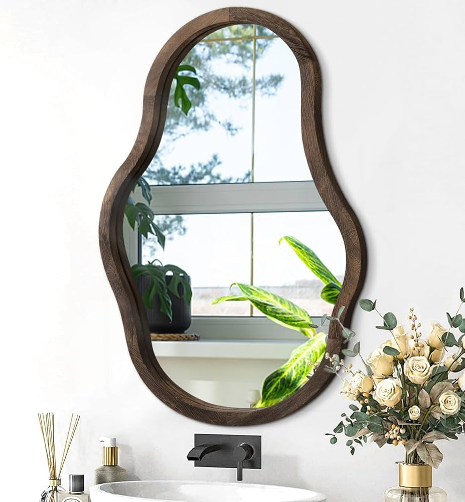 Irregular Wooden Framed Mirror Modern Asymmetrical Wall Mirror Unique Hanging Artistic Mirror Dec... | Amazon (US)