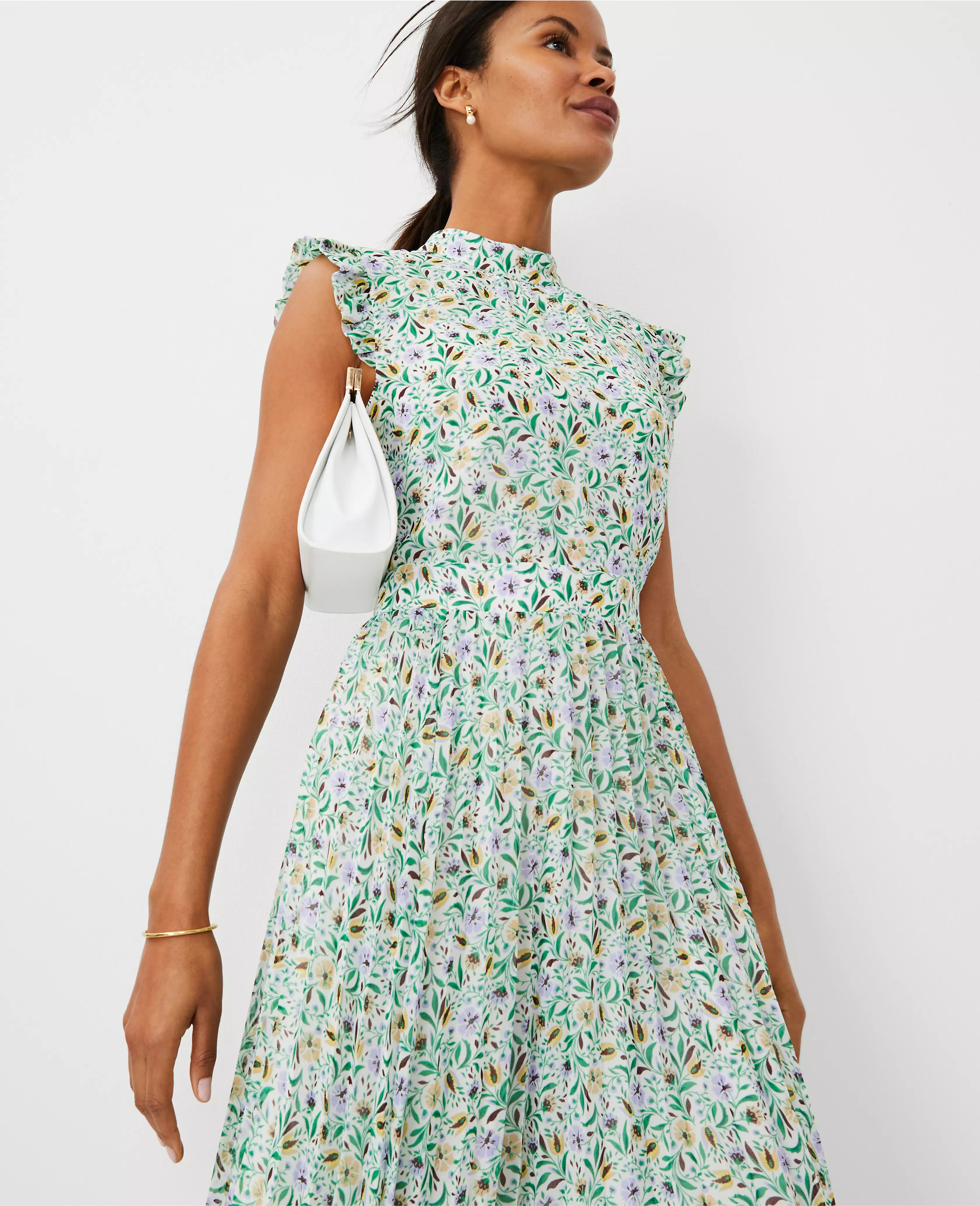 Floral Mock Neck Ruffle Sleeve Flare Dress | Ann Taylor (US)