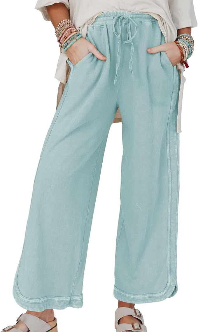 Hixiaohe Women's Casual Wide Leg Sweatpants High Waist Baggy Acid Wash Pants Drawstring Athletic ... | Amazon (US)