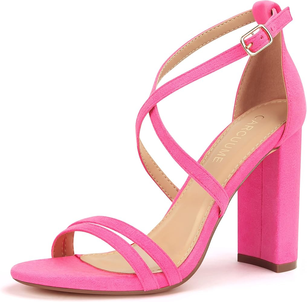 Carcuume Women's Strappy Heels 4-inch Chunky Block Heel Open Toe Ankle Strap Comfortable Party We... | Amazon (US)