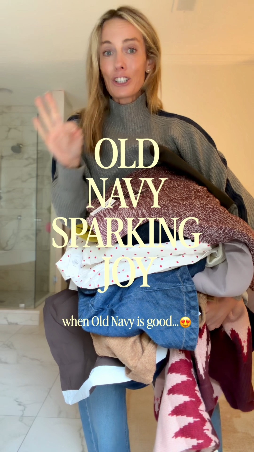 Sparking JOY with this one!! Iykyk old navy is so good when it’s good!
Sizes :
Small short boxy sweaters
2 jeans 
Large camel sweater 
Small set
Medium navy top
Small burgundy silk top 
Small brown track pants