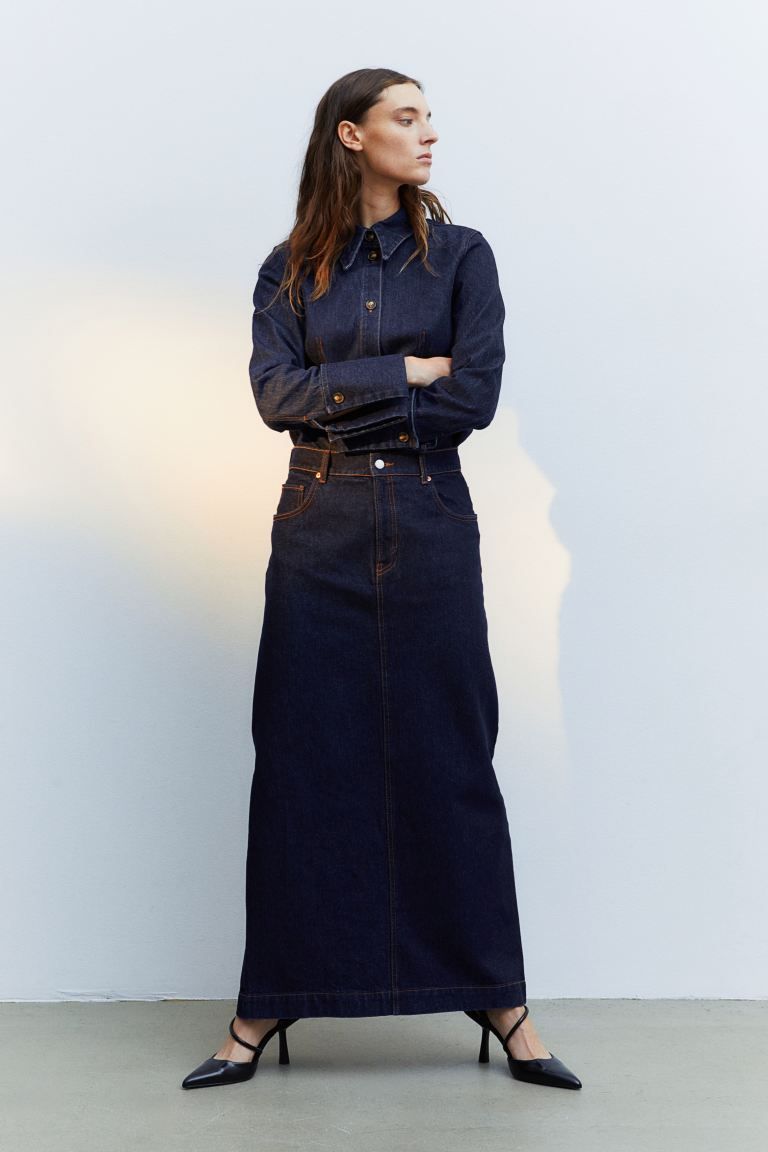 Long denim skirt - Dark denim blue - Ladies | H&M GB | H&M (UK, MY, IN, SG, PH, TW, HK)