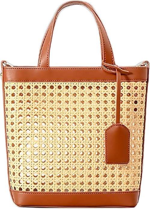 Amazon.com: Rattan Tote Bag for Women Straw Beach Bag Crossbody Purse PU Leather Summer Shoulder ... | Amazon (US)