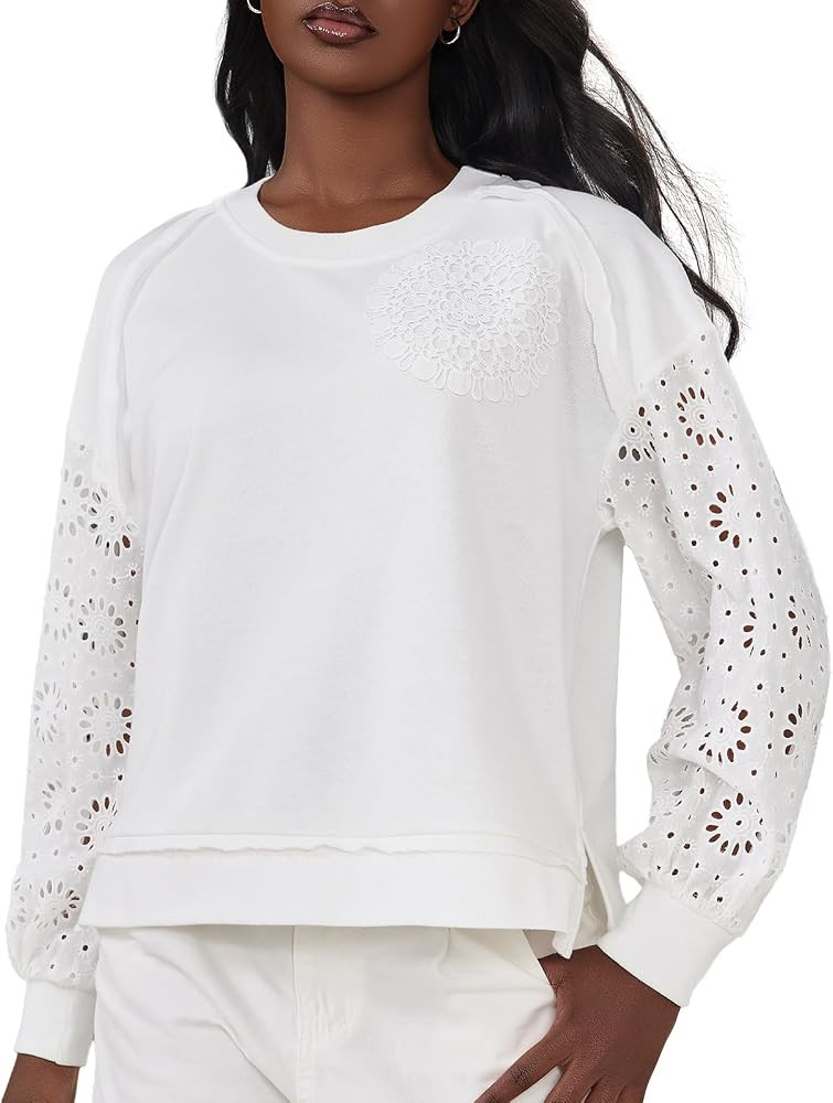color cosplayer Crewneck Eyelet Knit Sweatshirt for Women Fall Fashion 2026 Blouses Casual Lace L... | Amazon (US)
