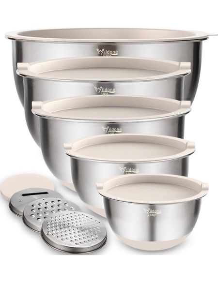 Wildone Mixing Bowls Set of 5, Stainless Steel Nesting Bowls with Khaki Lids, 3 Grater Attachments, Measurement Marks & Non-Slip Bottoms, Size 5, 3, 2, 1.5, 0.63 QT, Great for Mixing & Serving Sale $35

#LTKunder50 #LTKGiftGuide #LTKwedding