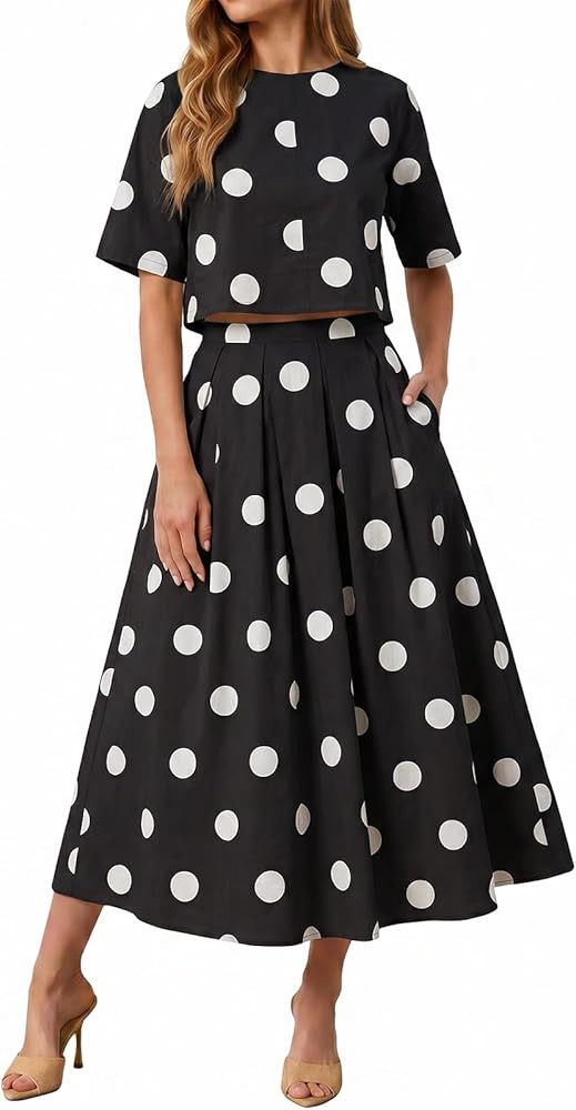Tankaneo Womens Polka Dot 2 Piece Skirt Sets Summer Tie Back Tops Pleated Maxi Skirts Matching Se... | Amazon (US)