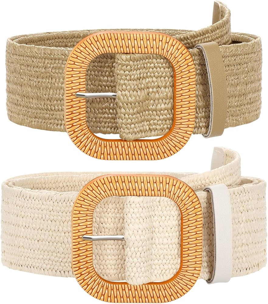 SUOSDEY 2 Pack Straw Woven Elastic Belt Braided Stretch Wide Boho Rattan Waist Belt for Women Dre... | Amazon (US)