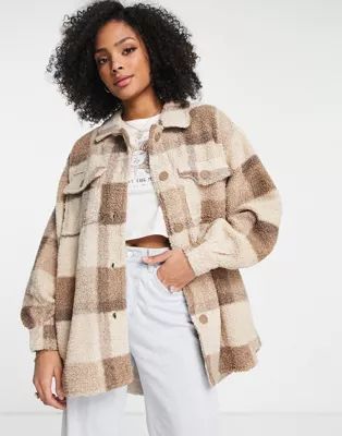 Cotton:On cabin teddy shacket in taupe check | ASOS (Global)