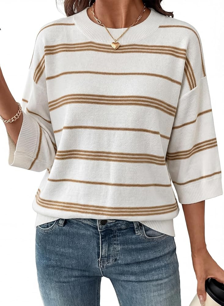 Dokotoo Womens Sweaters Spring Summer Oversized 3/4 Sleeve Striped Crewneck Casual Lightweight Kn... | Amazon (US)