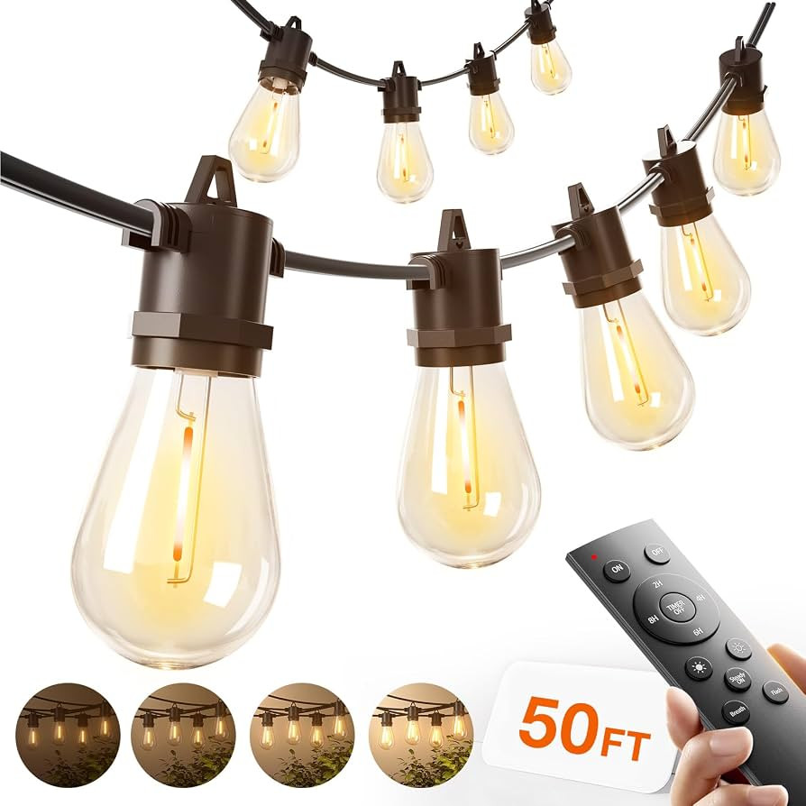 addlon 50FT LED Outdoor String Lights, Remote Dimmable Patio Lights with Timer & 3 Lighting Modes... | Amazon (US)