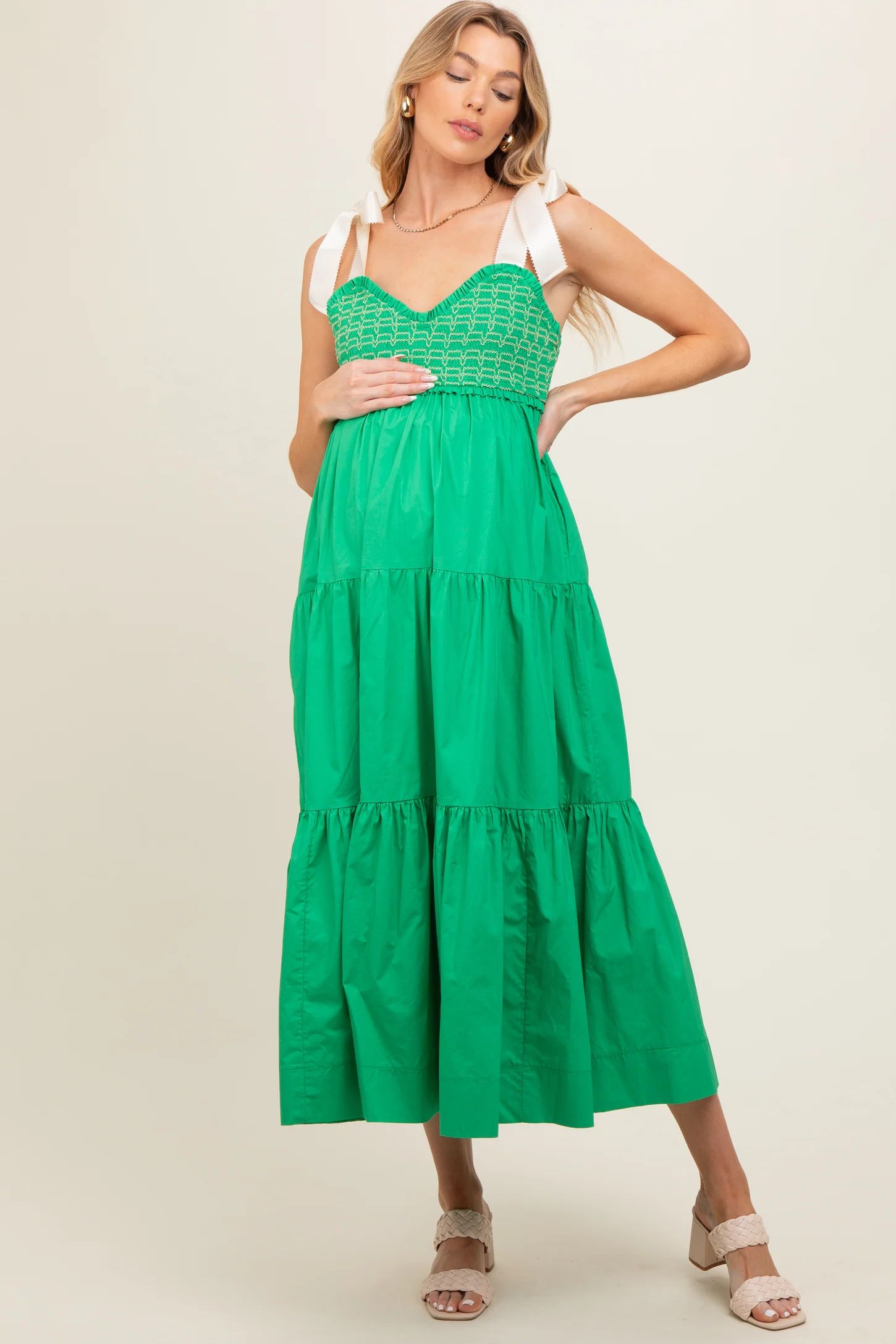 Green Ribbon Strap Tiered Maternity Maxi Dress | PinkBlush Maternity