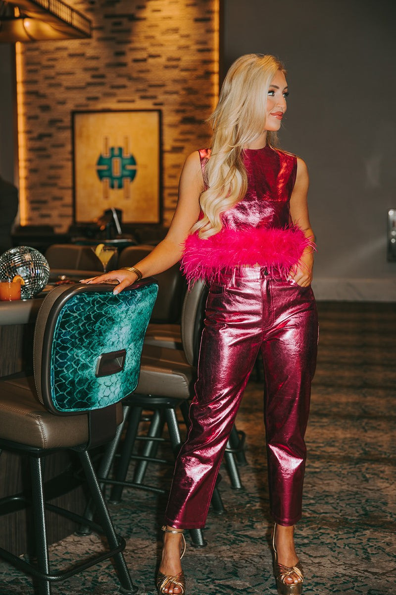 BuddyLove | Queenie Metallic Feather Trim Top | Cotton Candy | BuddyLove