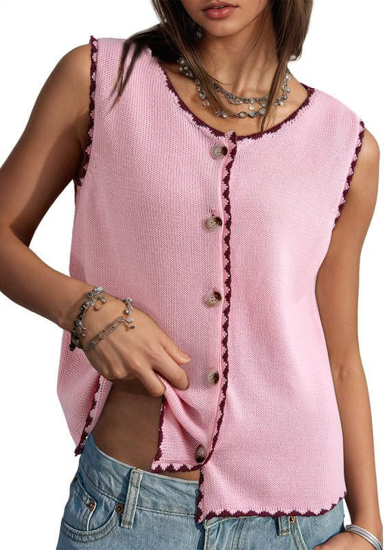 Dokotoo Vest Tops for Women 2026 Button Up Color Block Casual Sweater Vests Trendy Spring Summer ... | Amazon (US)