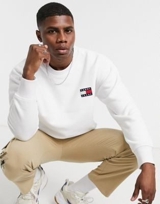 Tommy Jeans polar fleece badge logo crew neck sweatshirt in white | ASOS (Global)