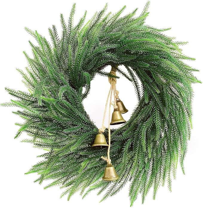 Faux Christmas Norfolk Pine Wreath with 4 Pcs Rustic Vintage Iron Bells,20 Inch Artificial Green ... | Amazon (US)