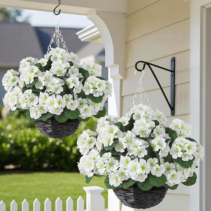 GLIDLION 2 Set Artificial Geraniums Flowers with Hanging Baskets for Outdoors - Sun Resistant Sil... | Amazon (US)