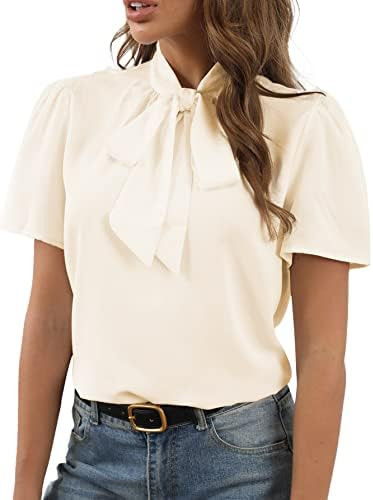 Rooscier Women's Bow Tie Knot Mock Neck Short Sleeve Elegant Workwear Blouse Shirt Top | Amazon (US)