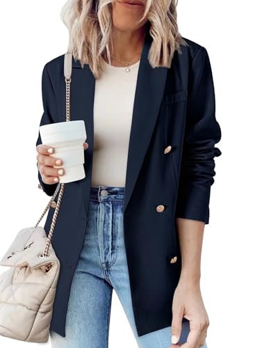 Dokotoo Blazer Jacket for Women Business Casual Blazers Open Front Long Sleeve Lapel Collar Professional Work Office Double Breasted Blazer Jackets Navy Blue Medium | Amazon (US)