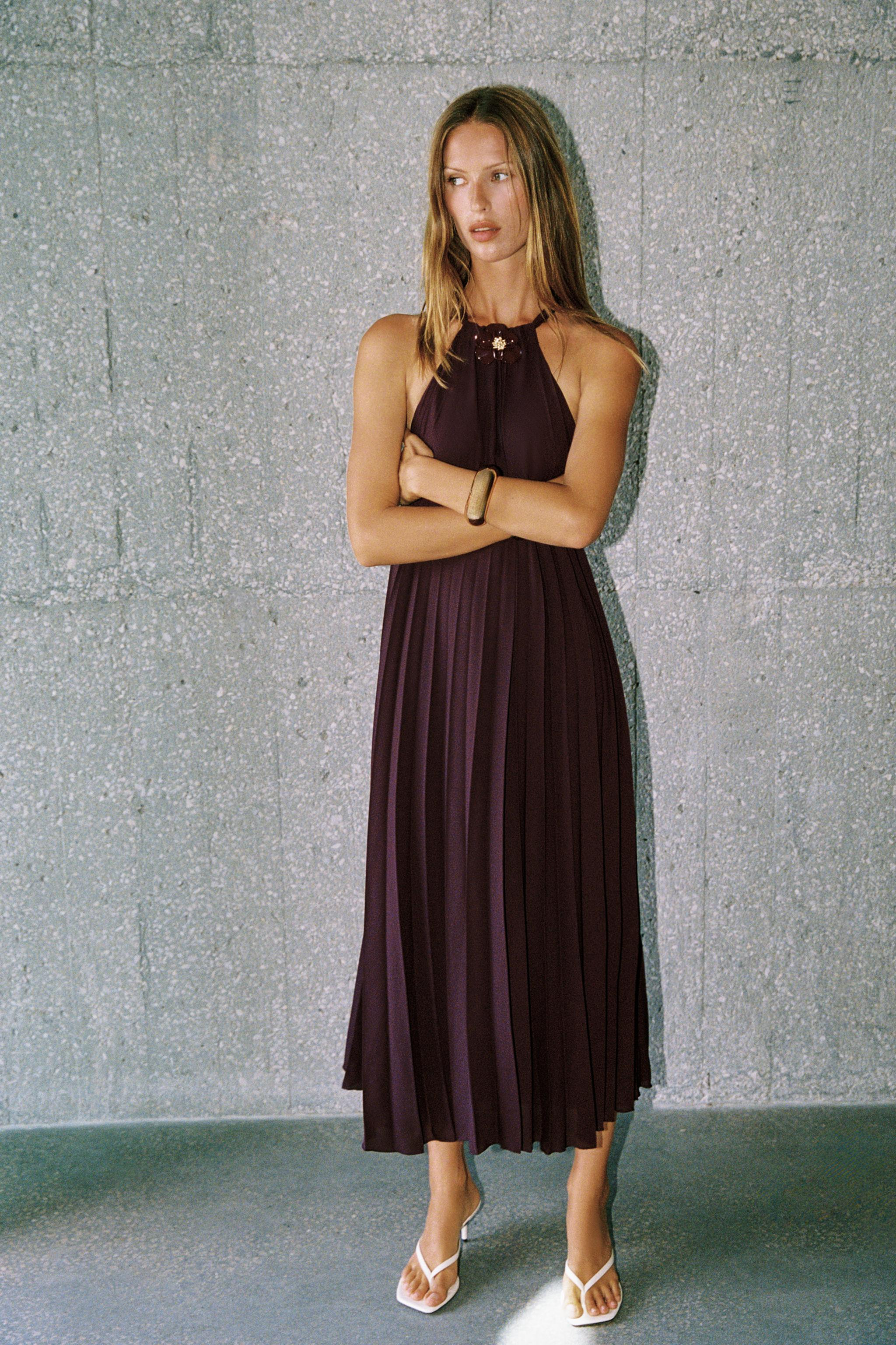 PLEATED MIDI DRESS WITH FLOWER BROOCH | Zara UK