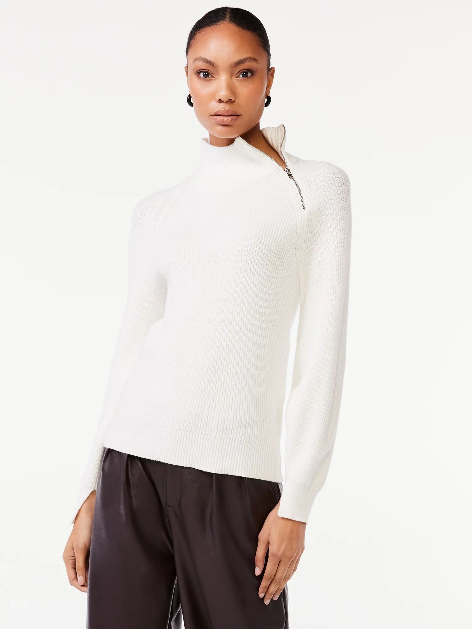 Scoop Women's Blouson Sleeve Sweater with Zip Neck - Walmart.com | Walmart (US)