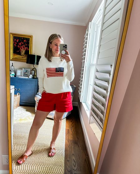 The perfect 4th of July outfit! My red shorts can be dressed up or down and the flag sweater is a classic piece for your wardrobe. I invested in the Tuckernuck one (the first pic) a few years ago and still love it. It fits a little better, has better quality fabric and has held up so well. The Target one is thinner but still cute. I doubt it will hold its appearance as well. I have a small in the target one and an XS in the Tuckernuck one. Both are oversized fits. If your budget allows, get Tuckernuck since it’s worth investing in timeless, quality pieces that will last years! If not, I linked a couple affordable options (since the target one is selling fast) 

#LTKStyleTip #LTKOver40 #LTKSeasonal