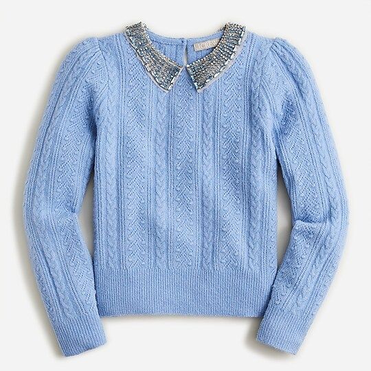 Pointelle cable-knit crewneck with beaded collar | J.Crew US