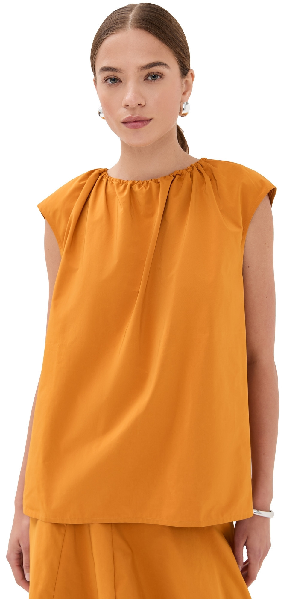 Tibi Nylon Shirred Neck Top Bright Ochre XS | Shopbop