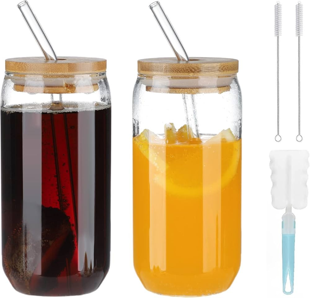 Plcnn 2Pcs Drinking Glasses with Bamboo Lid and Glass Straws, Wide Mouth Smoothie Cups Mason Jars... | Amazon (CA)
