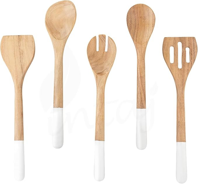 INTAJ Wood Kitchen Utensil Set – Handmade Wooden Spoons & Spatula for Cooking and Serving 5-Pie... | Amazon (US)