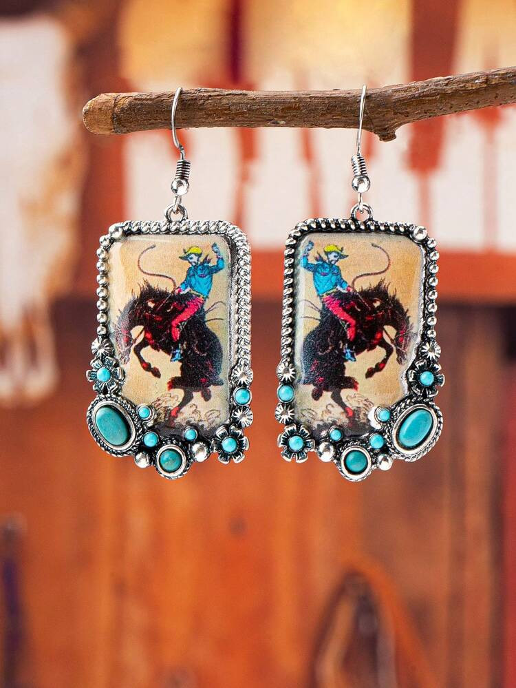 1 Pair Blue Turquoise Stone Earring Cowboy Elements Vintage Retro Horse Pattern Earrings Western Jewelry | SHEIN