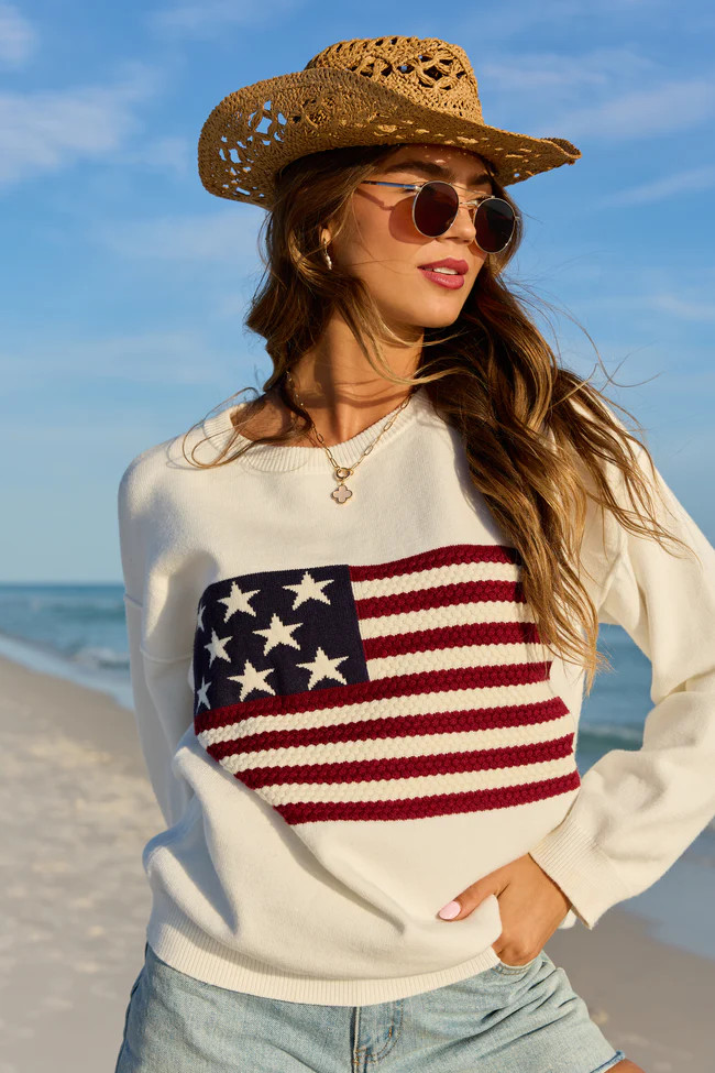 Home Of The Free Ivory Textured Flag Sweater DOORBUSTER | Pink Lily