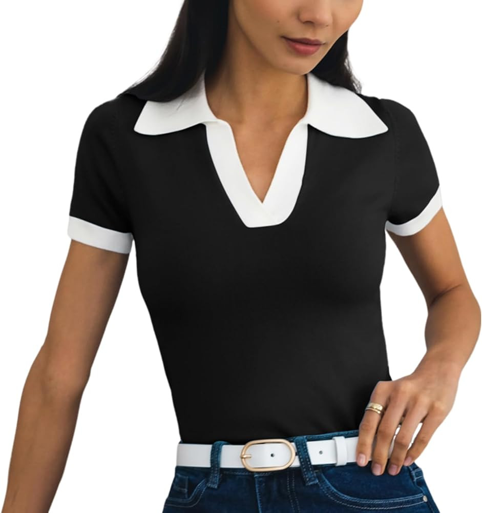 Women's Polo Shirts Casual Short Sleeve V Neck Collared Colorblock Golf Shirt | Amazon (US)