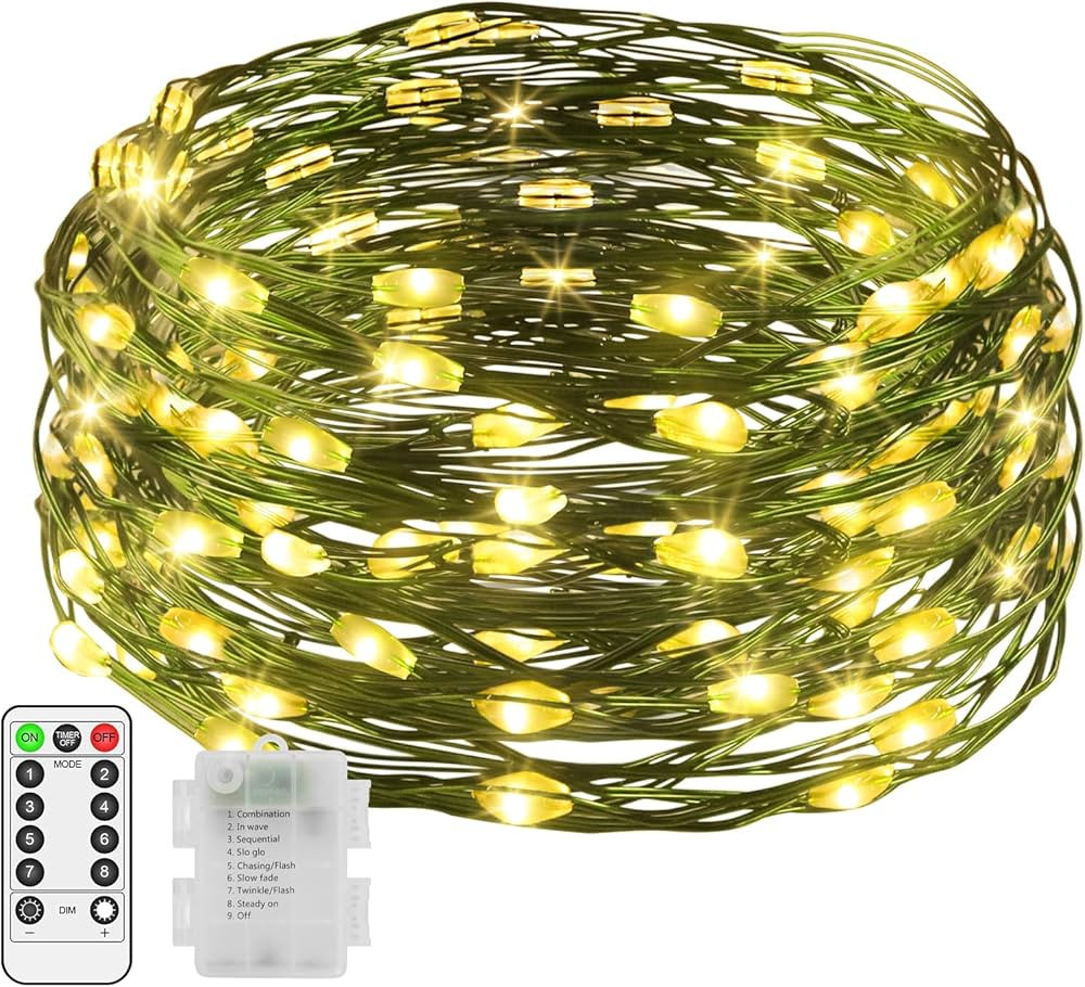 200 LED Fairy Lights Warm White Battery Operated, Twinkle Christmas Lights Green Wire with Remote... | Amazon (US)