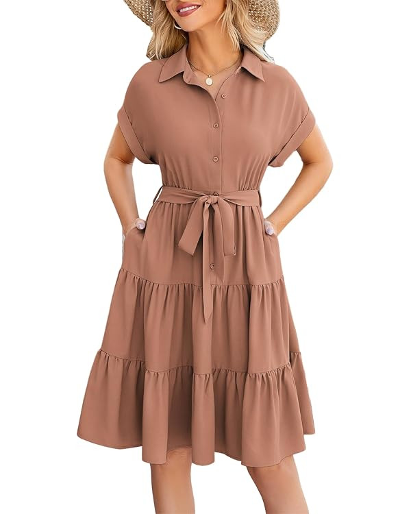 JASAMBAC Women's Button Down Shirt Dress 2025 Casual Work Summer Collared V Neck Elastic Waist Fl... | Amazon (US)