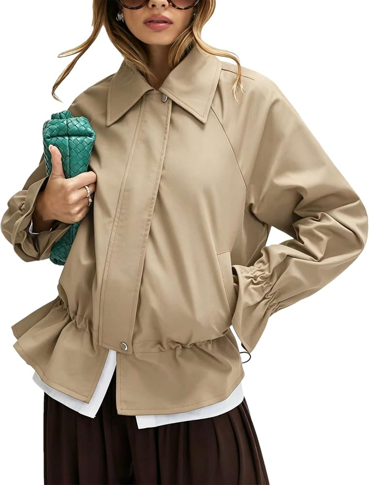 Lumister Womens Cropped Jacket Lightweight Drawstring Waist Oversized Zip Up Coat Casual Streetwe... | Amazon (US)
