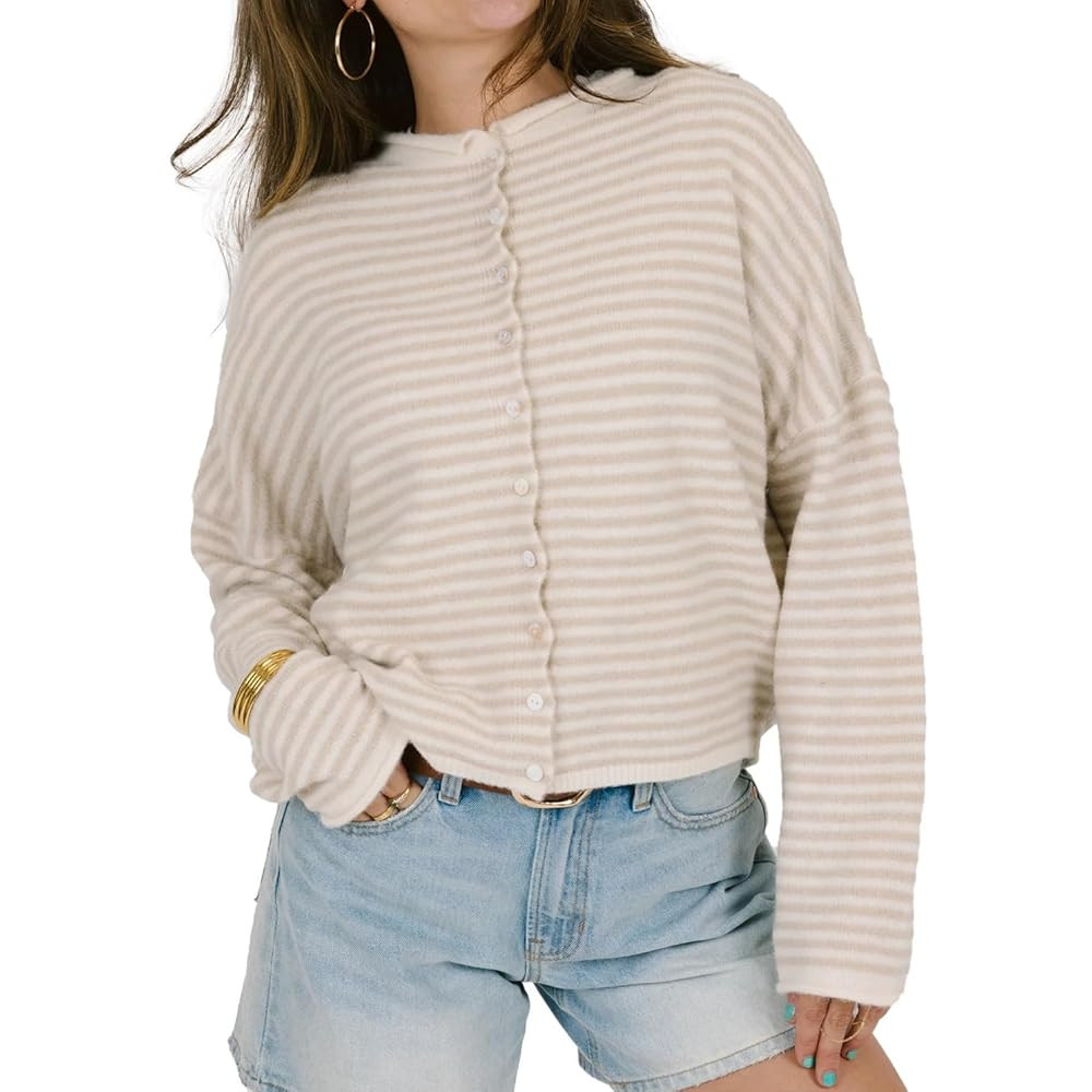 Womens Striped Cardigan Sweater Open Front Button Down Cropped Cardi Casual Funnel Neck Cable Kni... | Amazon (US)