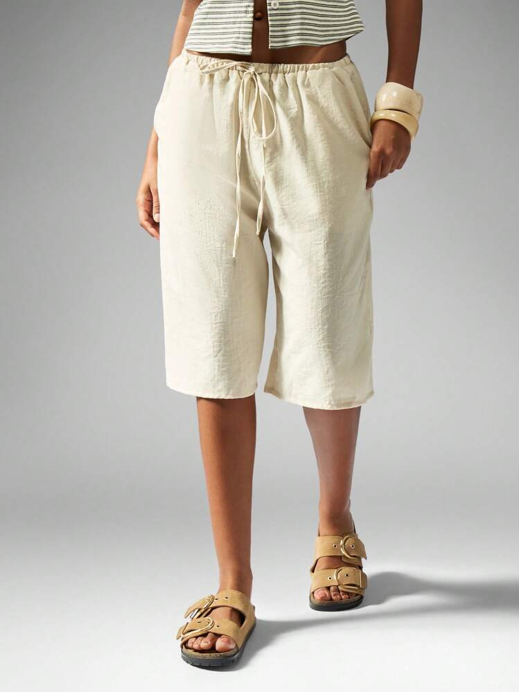 MISSGUIDED Linen Feel Look Wide Leg Bermuda Shorts Drawstring Waist Summer Beach Lounge Resort Wear Long Walking Travel Pants Casual Vacation Bottoms | SHEIN