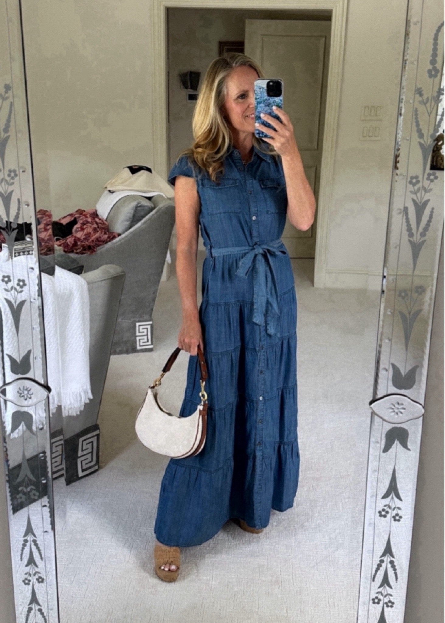 Tanya x Avara chambray maxi dress perfect for fall transition
Lightweight fabric with multitiered skirt and self  belt 
Fits ttts
I’m 5’2” tall with 4” wedges for length reference 

#LTKSeasonal #LTKStyleTip #LTKOver40